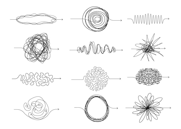 Vector chaotic line arrows doodle chaos simple drawn symbols confused messy knot