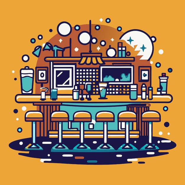 Vector a chaotic noisy bar scene with an overwhelming amount of visual clutter and distorted elements