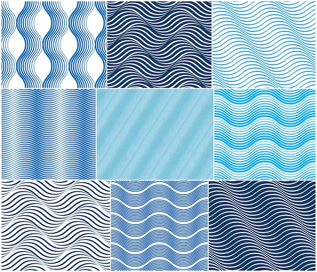 Chaotic waves seamless pattern, vector curve lines abstract repeat tiling background, blue color rhythmic waves.