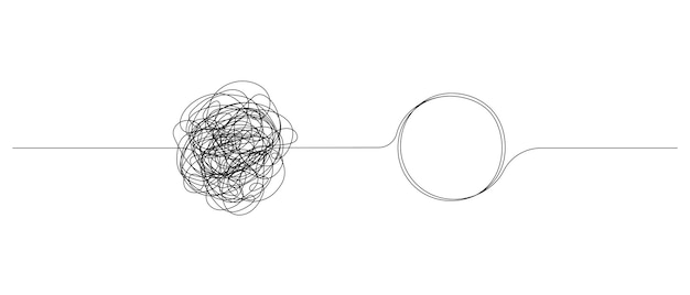 Chaotically tangled line and untied knot in form of circle the concept of solving problems is easy