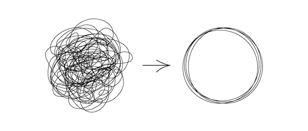 Chaotically tangled line and untied knot in form of circle. Psychotherapy concept of solving problems is easy. Unravels chaos and mess difficult situation. Vector illustration.