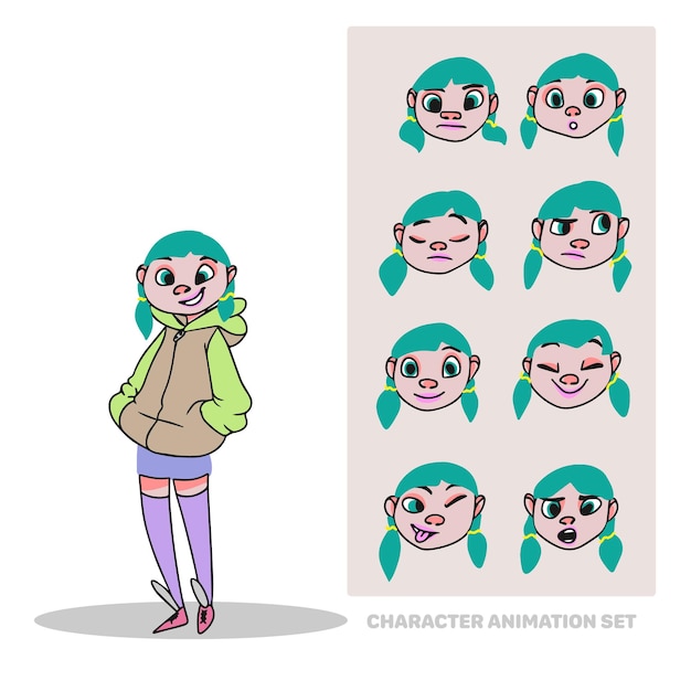 Character animation set girl schoolgirl with ponytails full length creation of people with emotions facial animation doodle