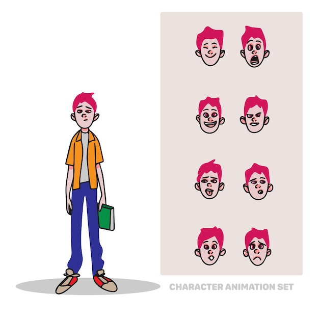 Character animation set schoolboy boy with a book in his hand full length creation of people with emotions doodle