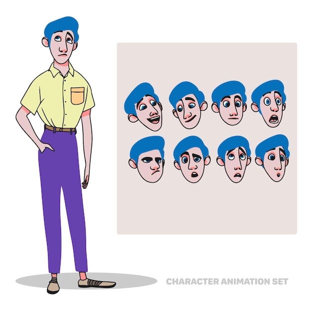 Character animation set shirt guy full length people creation with emotions facial animation doodle