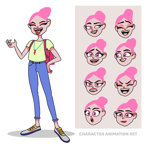 Character animation set teenage girl full length with a backpack creating people with emotions face animation