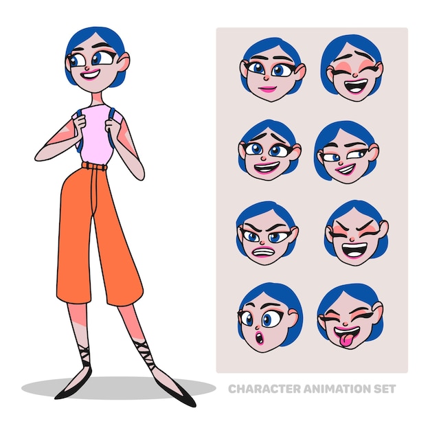 Character animation set young woman full length with a backpack creating people with emotions face animation doodle