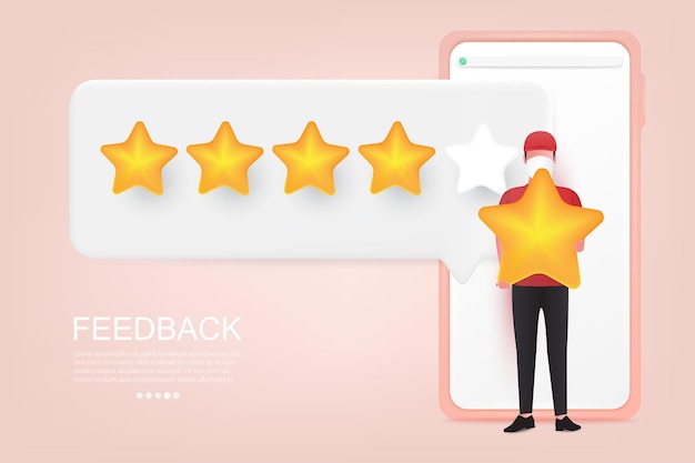 Character are holding a star Giving five star Feedback Feedback consumer Customer review evaluation Clients choosing satisfaction rating and leaving review 3d vector illustration