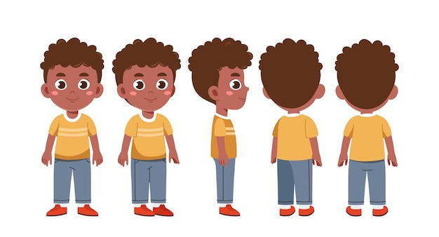 Character boy set African American child in different angles Pack for animations Graphic elements for website Cartoon flat vector collection isolated on white background