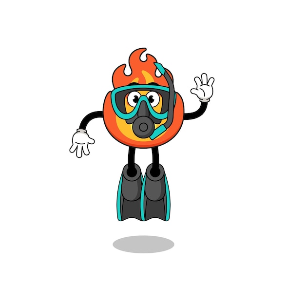 Character cartoon of fire as a diver