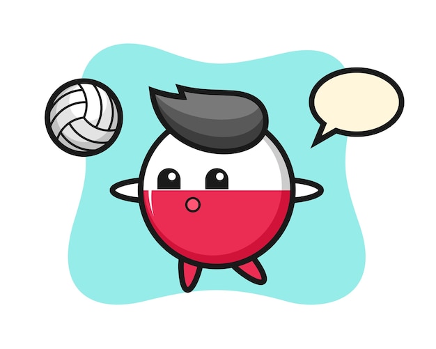 Character cartoon of poland flag badge is playing volleyball