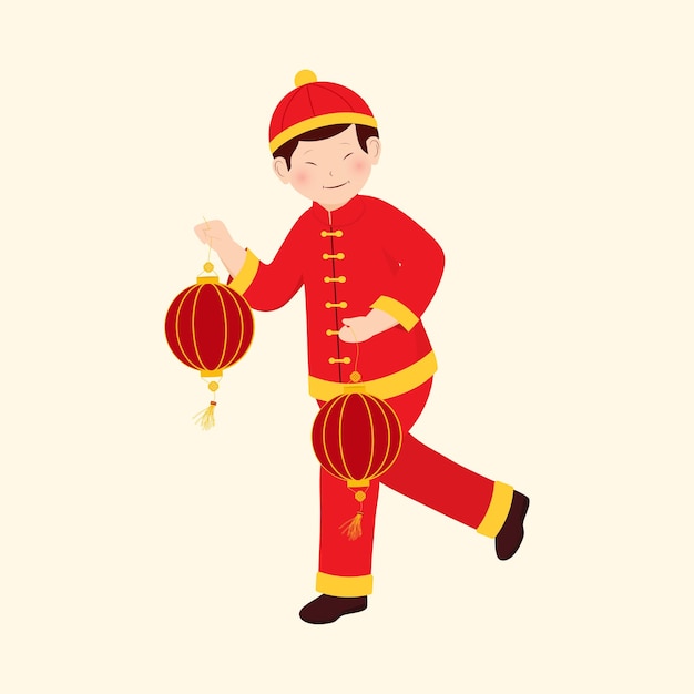 Character of Chinese Young Boy Holding Lanterns In Walking Pose On Beige Background