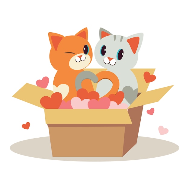 character of couple love of cute cat in the box and play a heart on white