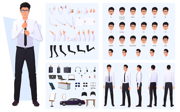 Character Creation Set with Business Man in White Shirt, Lip Sync, Hand Gestures and Items Premium Vector.