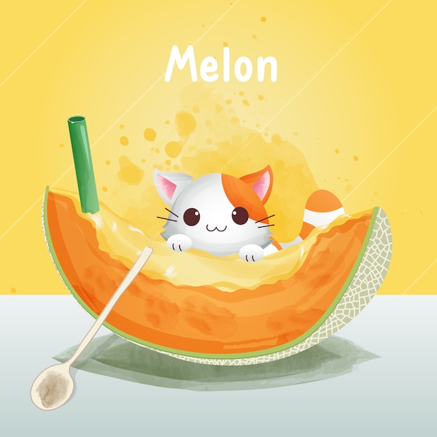 The character of a cute cat is clinging to the melon. Drink melon juice, watermelon style, watercolor style.  