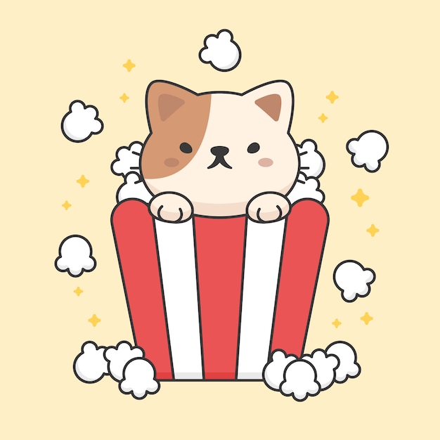 Vector  character of cute cat in a popcorn bucket