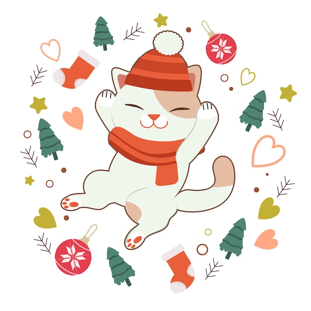 The character of cute cat sleeping with christmas tree and ball and sock and star and heart