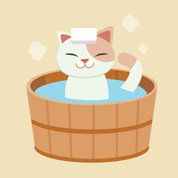 The character of cute cat take a japanese hot spring bath. the cat taking a onsen. it look happy and relaxing. cat Bathing in a Barrel in an bath outdoor.