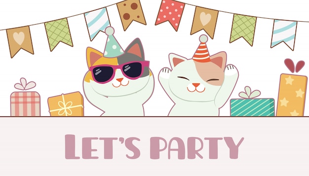 The character of cute cat with friend dancing for the birthday party. T