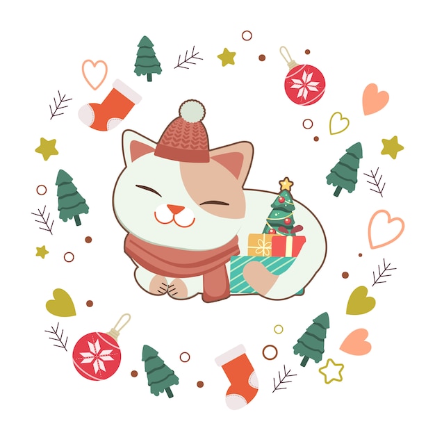 Vector the character of cute cat with gift box and little christmas tree on white  with star and heart. the character of cute cat in flat  style.