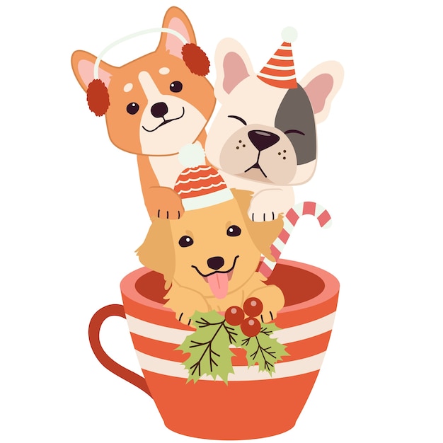 The character of cute dog and friends in the cup in christmas theme.