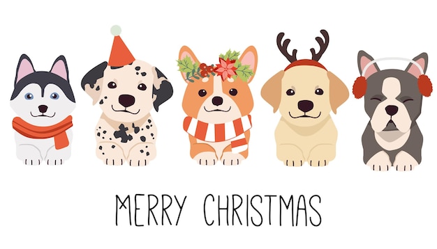 The character of cute dog, puppy wear a red Santa winter hat Christmas costume in flat vector style.