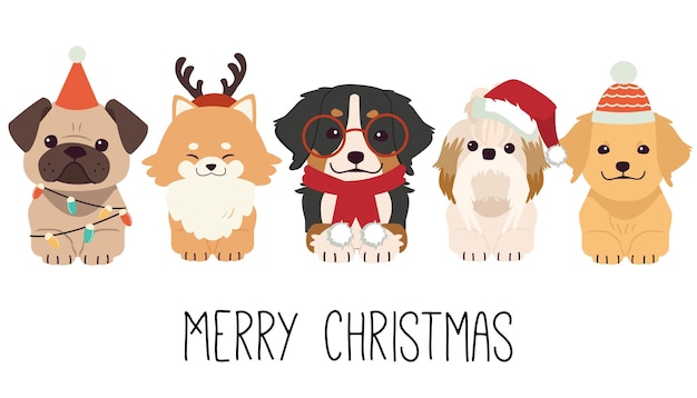 The character of cute dog wear a christmas costume in flat vector style