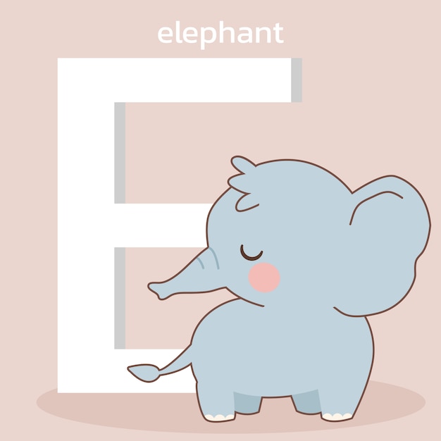 The character of cute elephant standing with the big font of E for a-z theme.