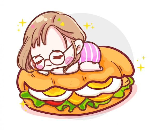 Character of cute girl sleeping on delicious burger or sandwich ham  on white background with fast food meal.