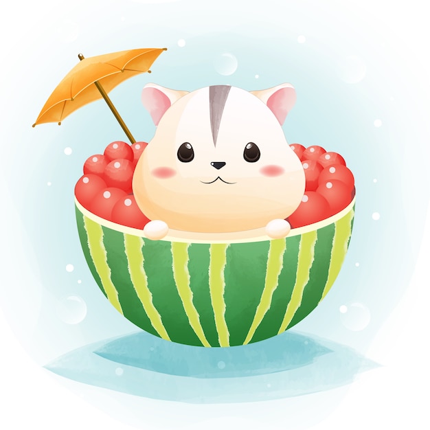 The character of a cute hamster and watermelon in summer time watercolor style.