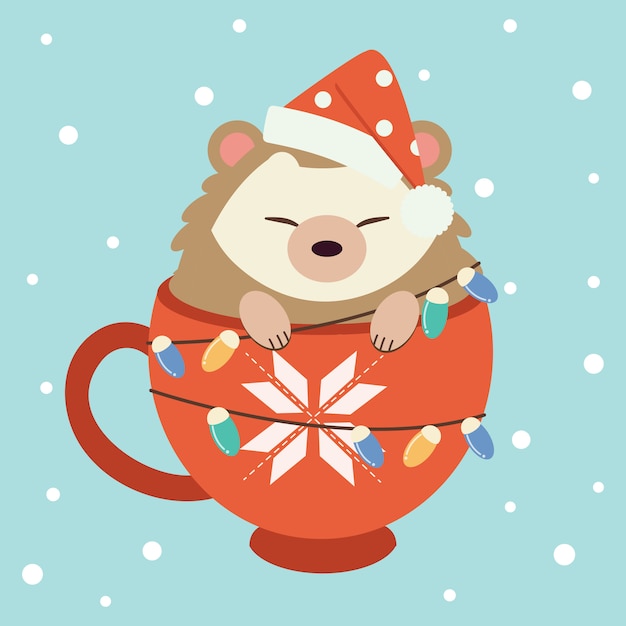 character of cute hedgehog sitting in the big red cup.