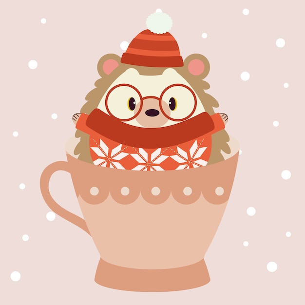 The character of cute hedgehog wear a red winter hat and big glasses and red  sweater and sitting in the big pink cup