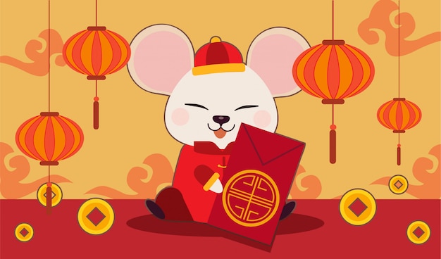 The character of cute mouse with chinese gold and chinese cloud. The cute mouse wear chinese suit.year of the rat. 