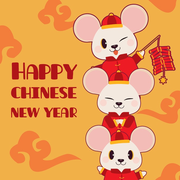 The character of cute mouse with cracker and chinese cloud on the yellow background.