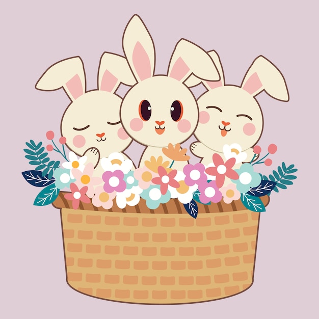 The character of cute rabbit and friends in big basket with flower