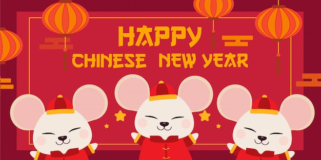 The character of cute white mouse wear chinese outfit in red with lantern for chinese new year. The year of rat. The character of mouse in flat vector style.