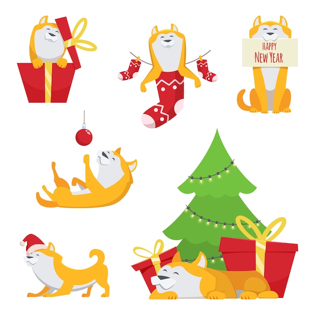 Character design in cartoon style. Yellow dog in action poses. Symbol of 2018 year. Cartoon character animal dog to holiday new year illustration