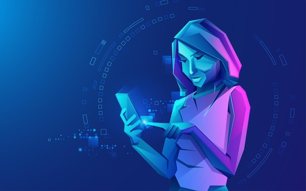 Character design of digital technology person, graphic of mobile user presented with low poly style with futuristic element