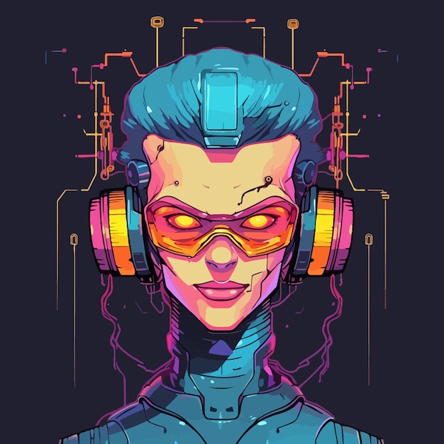 Character face in futuristic virtual style cyber punk illustration sticker design