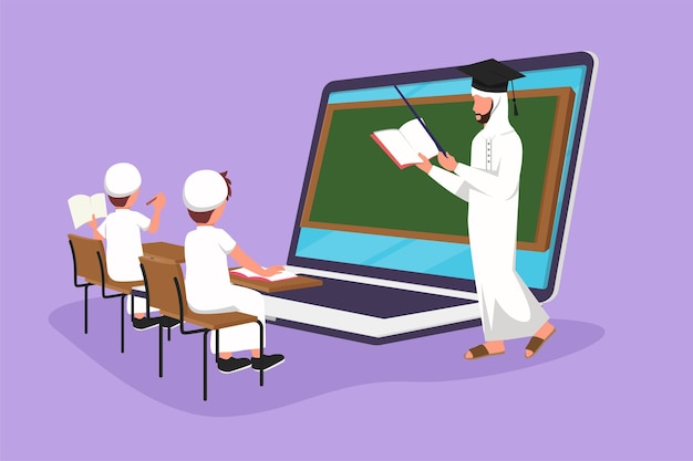 Character flat drawing Arab male teacher standing in front of laptop computer screen holding book and teaching junior high school student sitting on chair near desk Cartoon design vector illustration