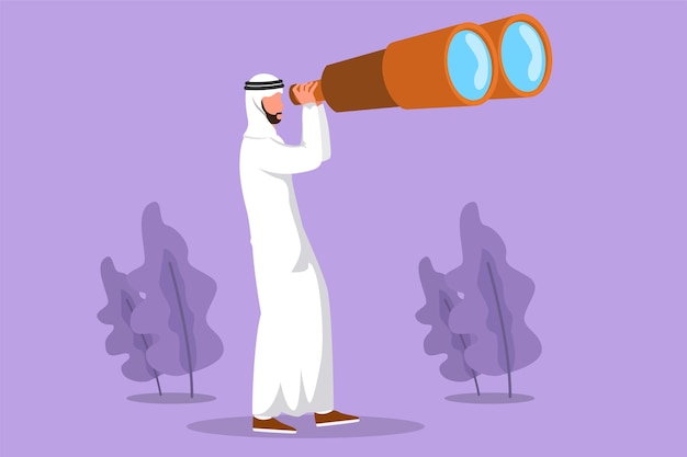 Character flat drawing Arab male tourist looking through huge binoculars far ahead Young businessman looking for big business opportunity Find interesting object Cartoon design vector illustration