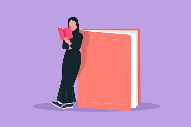 Character flat drawing Arab woman reading and standing on big book Smart girl student learning and studying in library Education and intellectual manner concept Cartoon design vector illustration