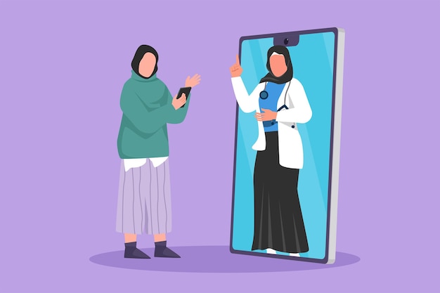 Character flat drawing Arabian female patient holding smartphone standing facing giant smartphone and consulting female doctor Doctor online or digital healthcare Cartoon design vector illustration