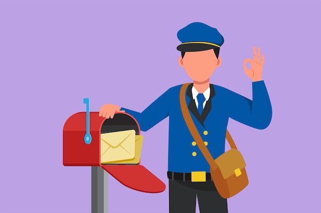 Character flat drawing attractive postman holding envelope on mail box with okay gesture wearing hat bag uniform working hard to delivery mail to home address Cartoon design vector illustration