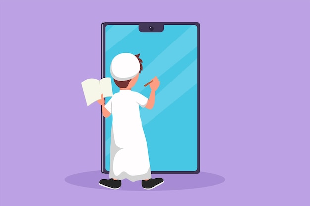 Character flat drawing back view of Arab pre schooler boy student writing on giant smartphone screen like he was writing on whiteboard Little kid learning metaphor Cartoon design vector illustration