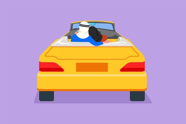 Character flat drawing back view loving Arab couple sitting and hugging in convertible car Happy man woman getting ready for wedding Engagement and love relations Cartoon design vector illustration