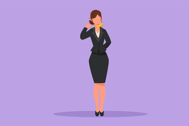 Character flat drawing beautiful flight attendant standing in uniform with call me gesture prepare at airport for flying and serves passengers to their destination Cartoon design vector illustration