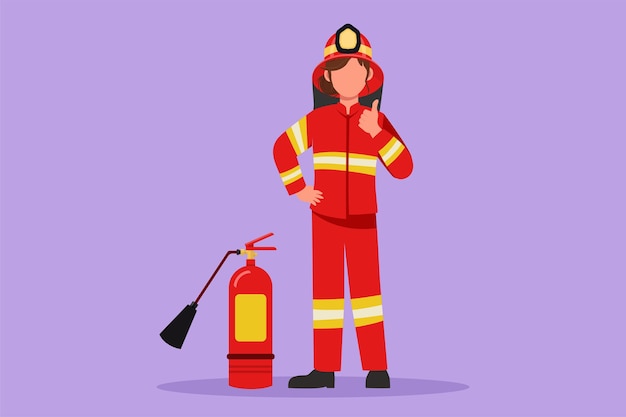 Character flat drawing beauty female firefighters stood with fire extinguisher wearing helmet and uniform complete with thumbs up gesture to work to extinguish fire Cartoon design vector illustration