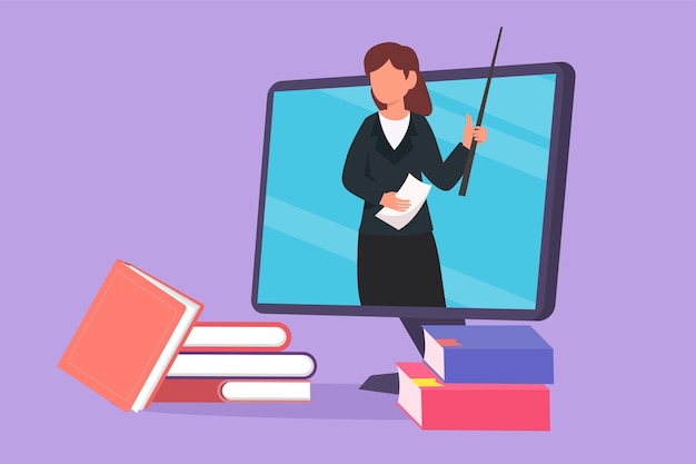 Character flat drawing beauty female teacher teaching half of her body is out of computer monitor screen with pile of book internet class Online learning concept Cartoon design vector illustration