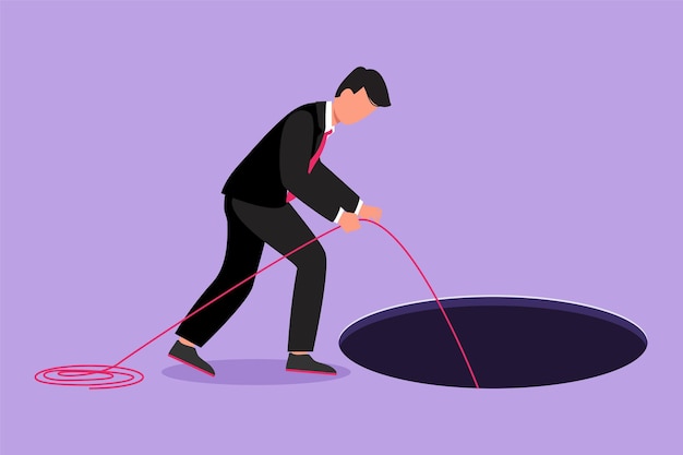 Character flat drawing businessman stretch out rope into hole Man wondering and looking at the big hole business concept in opportunity exploration or challenge Cartoon design vector illustration