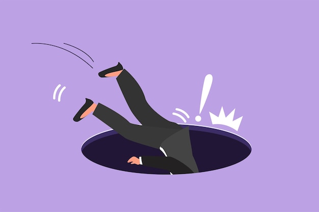 Character flat drawing of businesswoman falling into pit hole Legs up Logo protruding legs from hatch puddles Business failure metaphor Defeated worker concept Cartoon design vector illustration